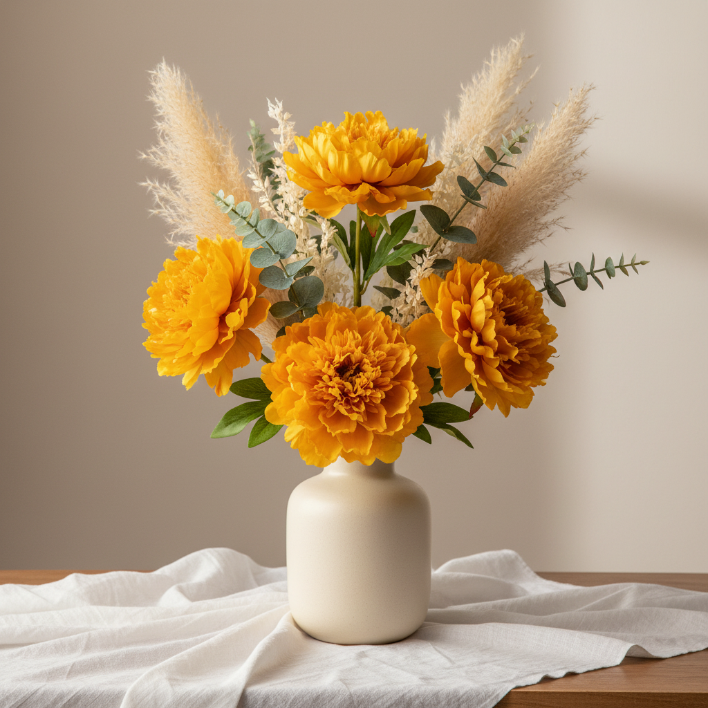 Golden yellow peony flower picks arranged in a cream ceramic vase with pampas grass and eucalyptus, boho neutral styling