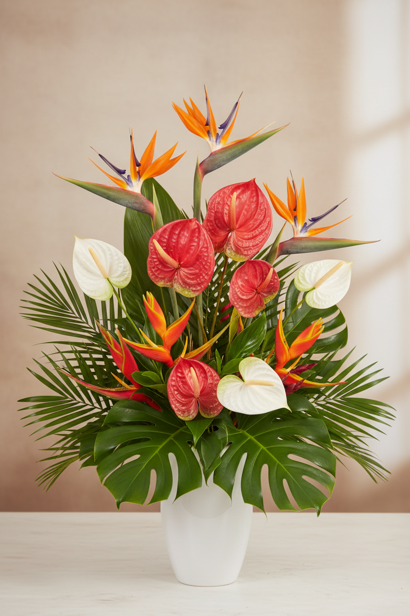 Lush tropical floral arrangement featuring three deep red Anthurium stems with bird of paradise, monstera leaves, and heliconia in a white ceramic vase