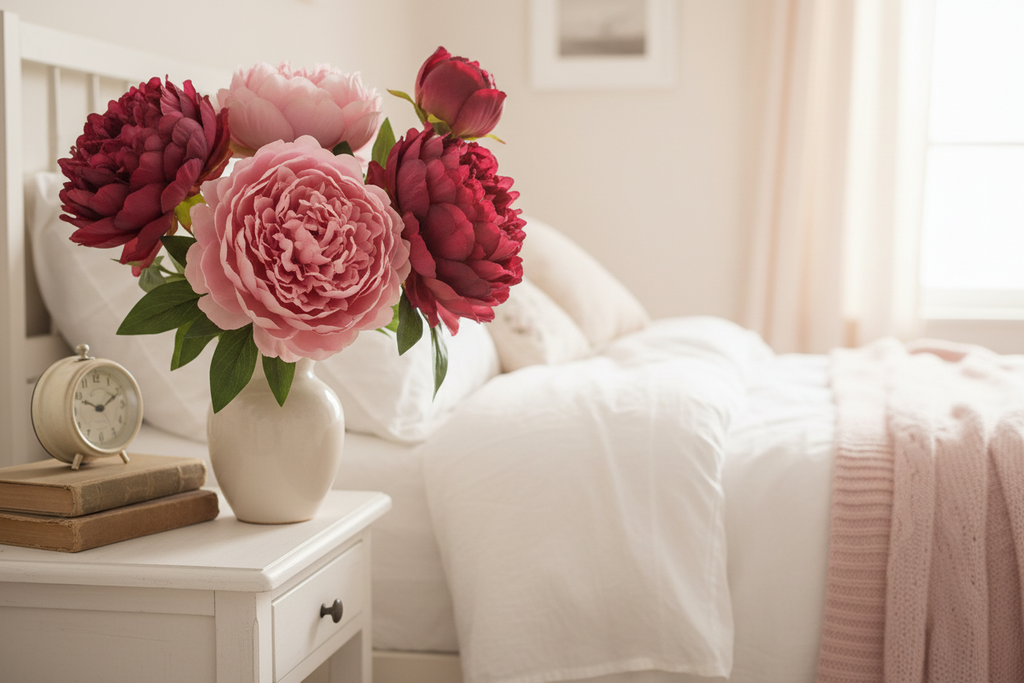 Bedroom nightstand with rose pink peony arrangement with burgundy tips in soft morning light, romantic cottage decor