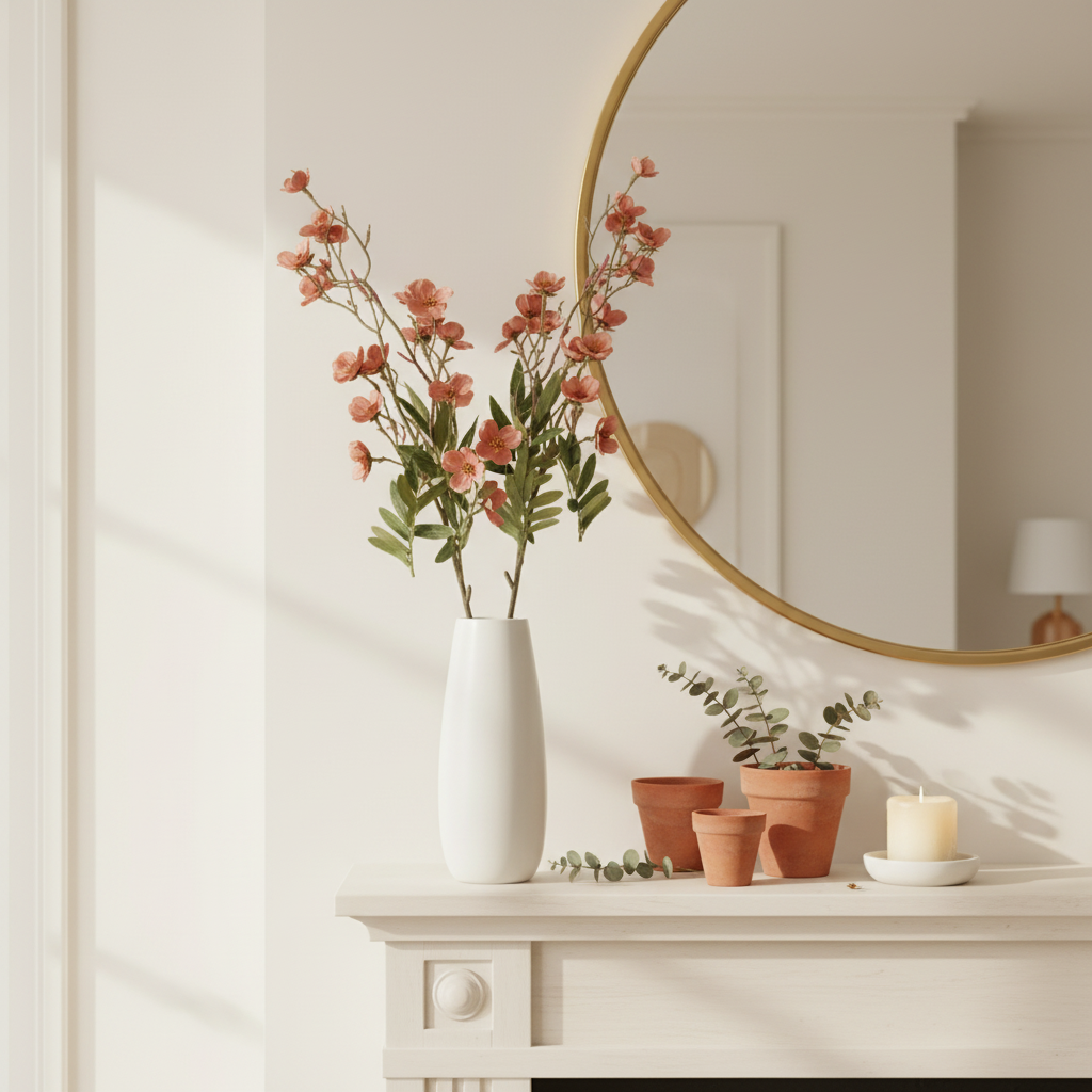 Faux dusty rose mauve dogwood flower stems in a tall white ceramic vase on a fireplace mantle styled with round mirror, terracotta pots, pillar candle, and dried eucalyptus