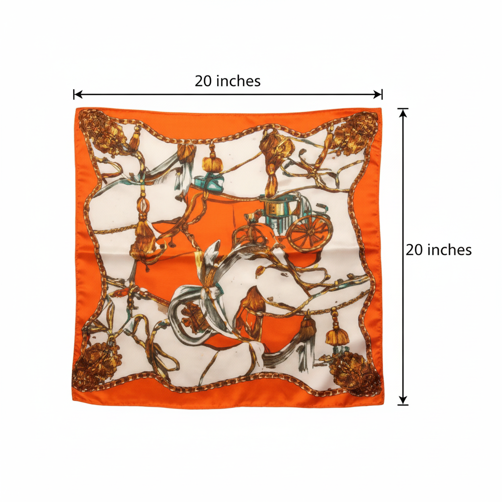 Orange Equestrian Horse Chain Satin Scarf Measurement Diagram 20 x 20 Inches Square Dimensions