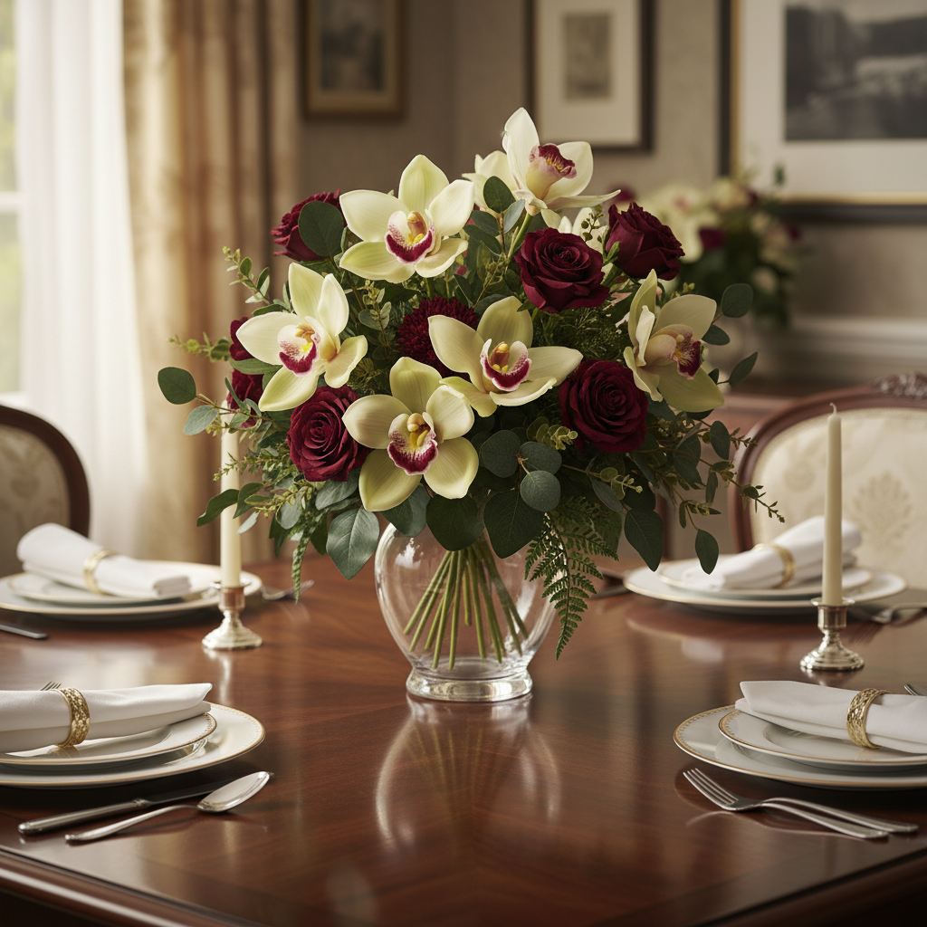 Artificial cream and pale green Cymbidium orchid bouquet with burgundy centers styled on an elegant dining table with burgundy roses, dark greenery and fine china