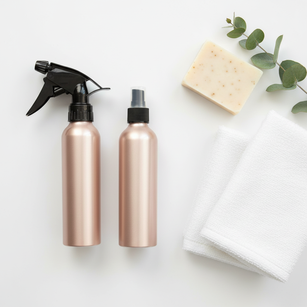 Both rose gold metallic aluminum spray and pump bottles flat lay with white towels artisan soap and eucalyptus, laundry room styling