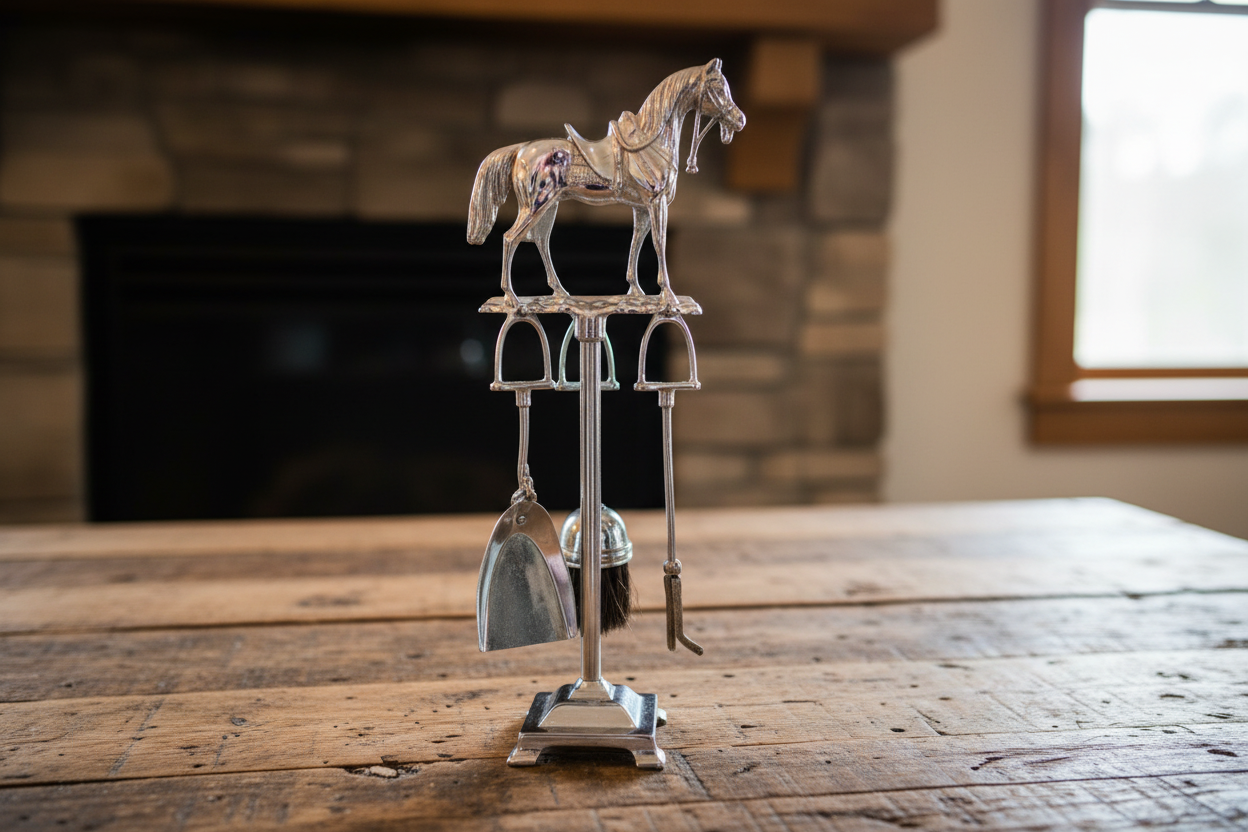 Close-up detail of 1970s chrome horse sculpture fireplace tool set with stirrup hooks and polished metallic finish on rustic wood surface