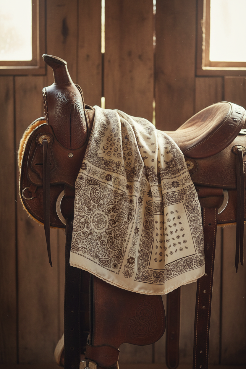 Cream and brown paisley bandana square scarf draped over a brown leather western saddle in rustic barn setting