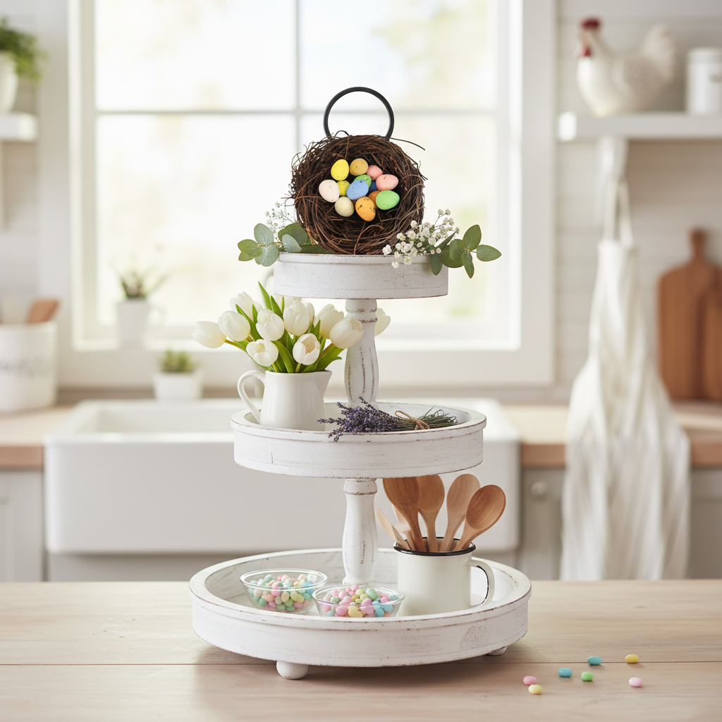 Rustic twig nest with speckled pastel eggs on white tiered tray display with spring farmhouse decor