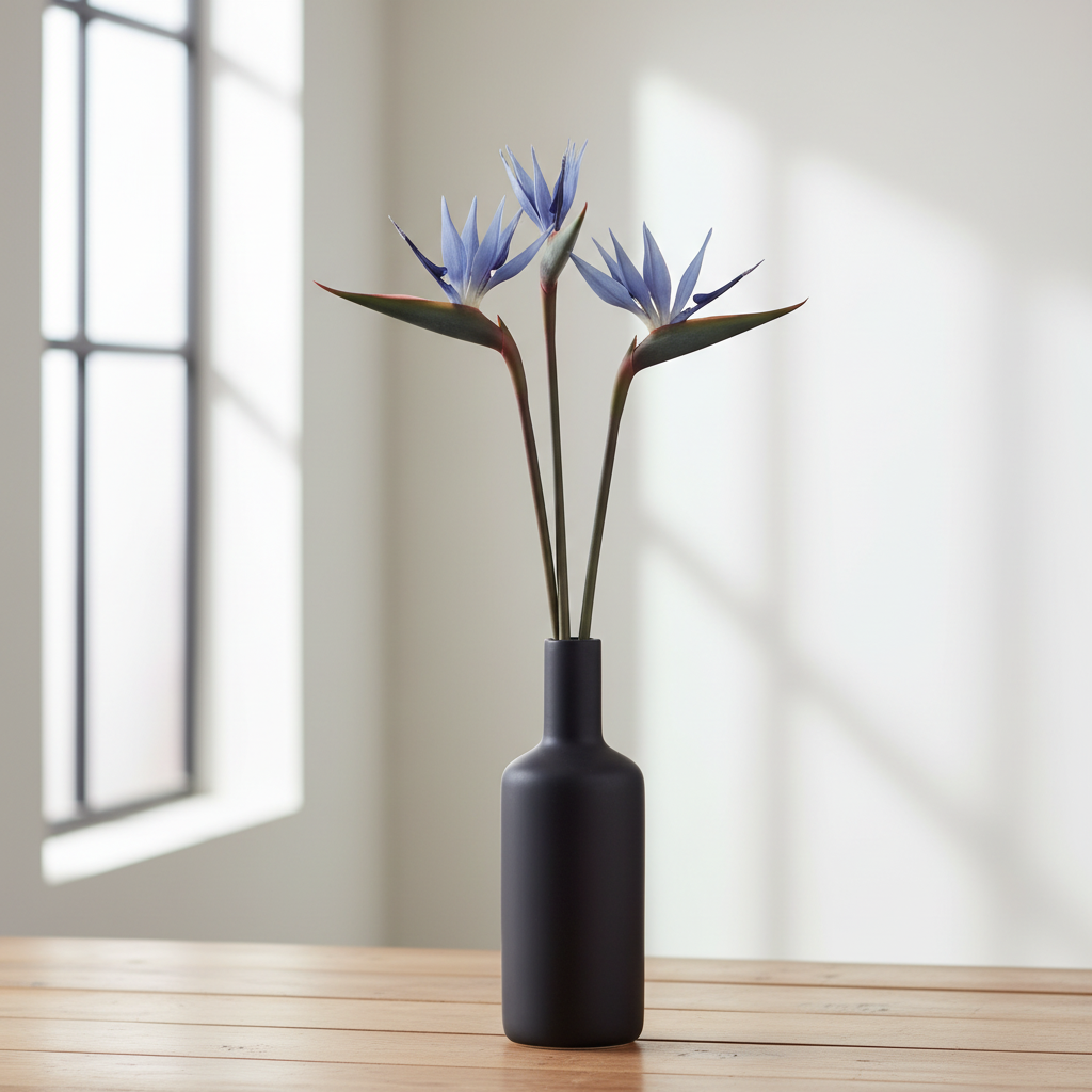 Three moody blue purple Bird of Paradise artificial stems in a tall black matte vase on wooden surface, modern minimalist interior