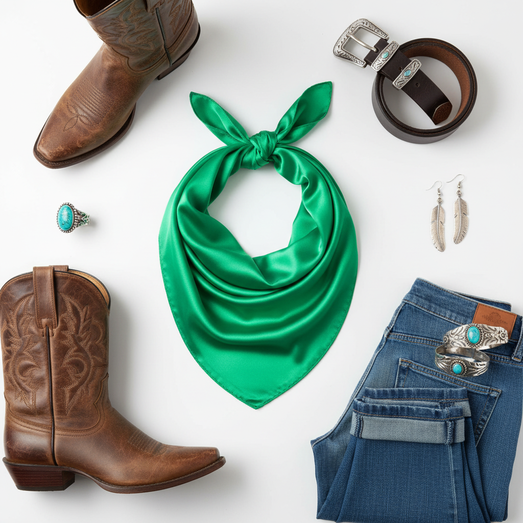Flat lay of jade green wild rag scarf with western accessories including cowboy boots belt and jewelry