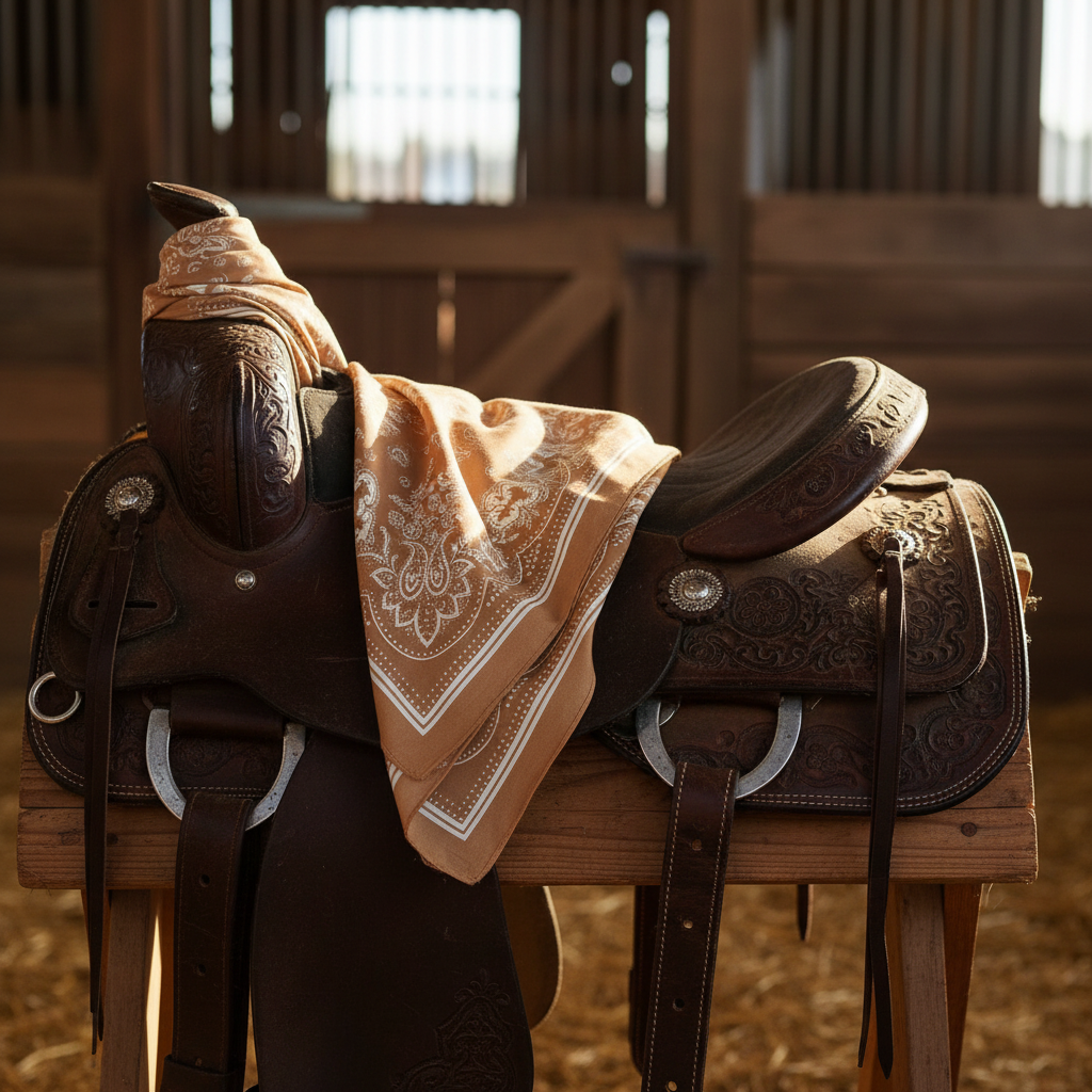 Tan paisley wild rag scarf 27x27 draped over western leather saddle, rustic barn setting