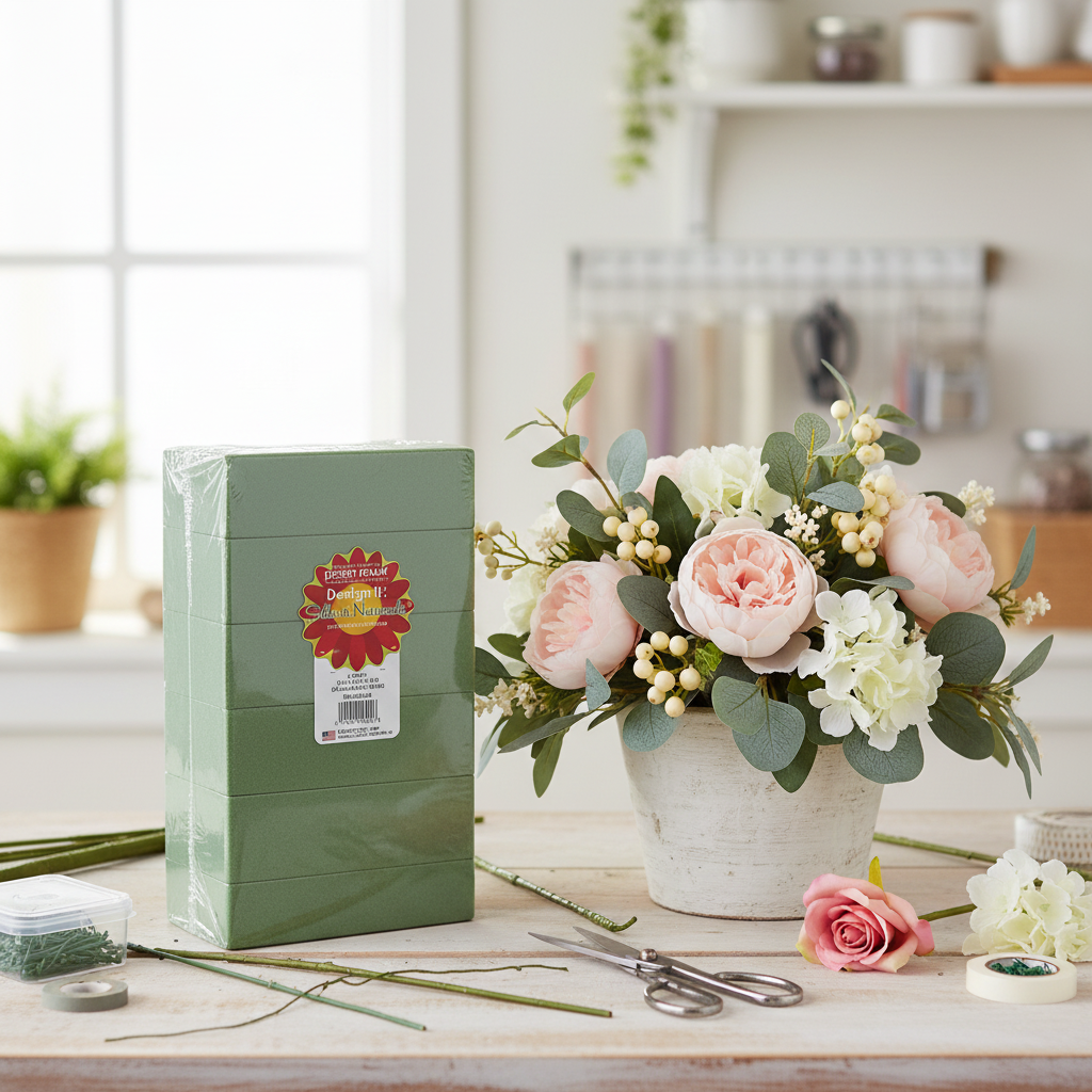 Desert Foam dry floral foam bricks in a bright crafting workspace with completed artificial flower centerpiece arrangement and floral tools
