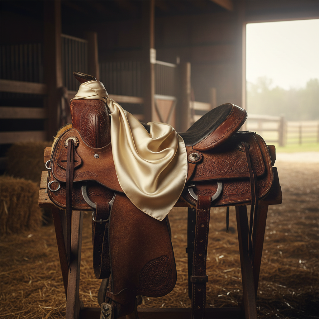 Ivory 35x35 inch wild rag scarf draped over leather western saddle in rustic barn setting