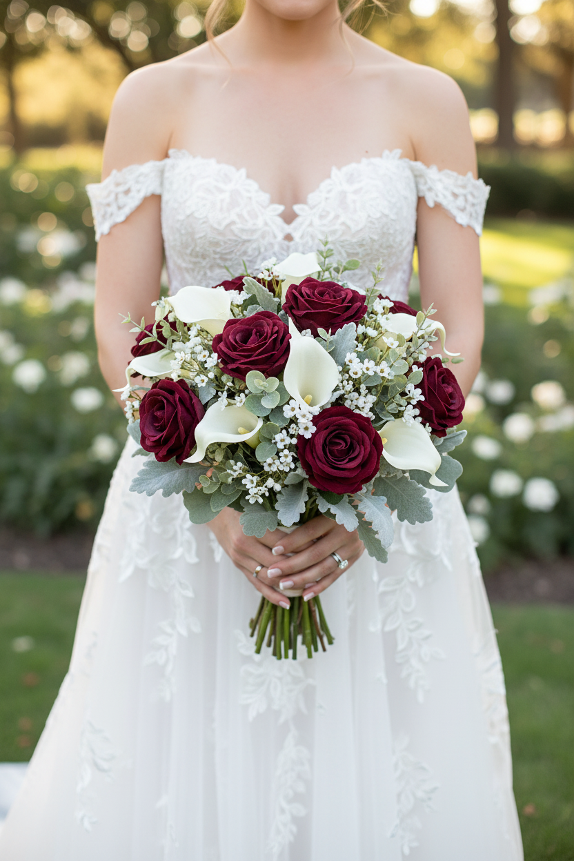 Bride holding lush bridal bouquet of artificial burgundy velvet roses with white calla lilies and eucalyptus, elegant wedding flowers