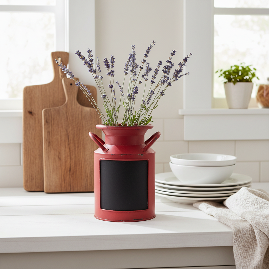 Rustic red metal milk jug planter styled on white farmhouse kitchen counter with dried lavender stems, vintage cutting boards, and linen towel