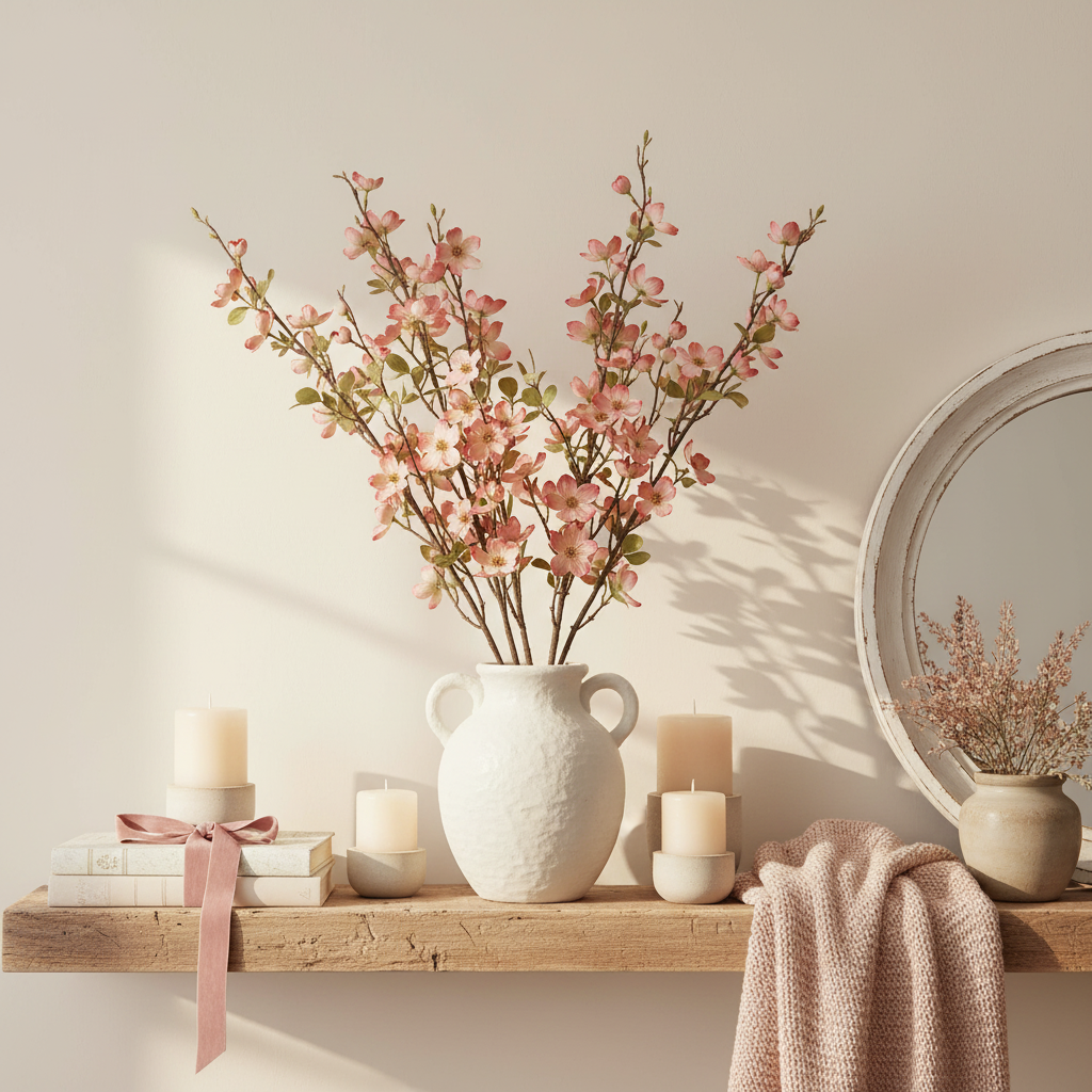 Artificial two-tone pink dogwood stems in white ceramic vase on rustic cottage farmhouse mantel with candles and pink neutral decor