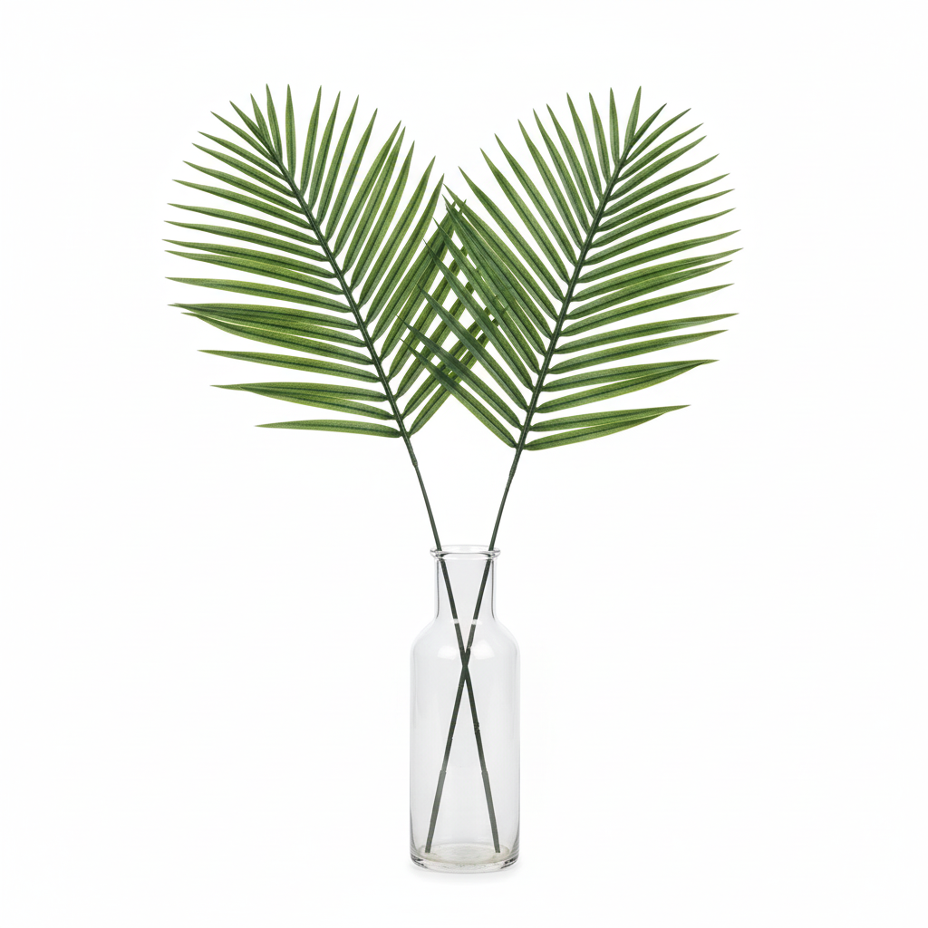 2 artificial green palm leaf stems standing upright in clear glass vase on pure white background
