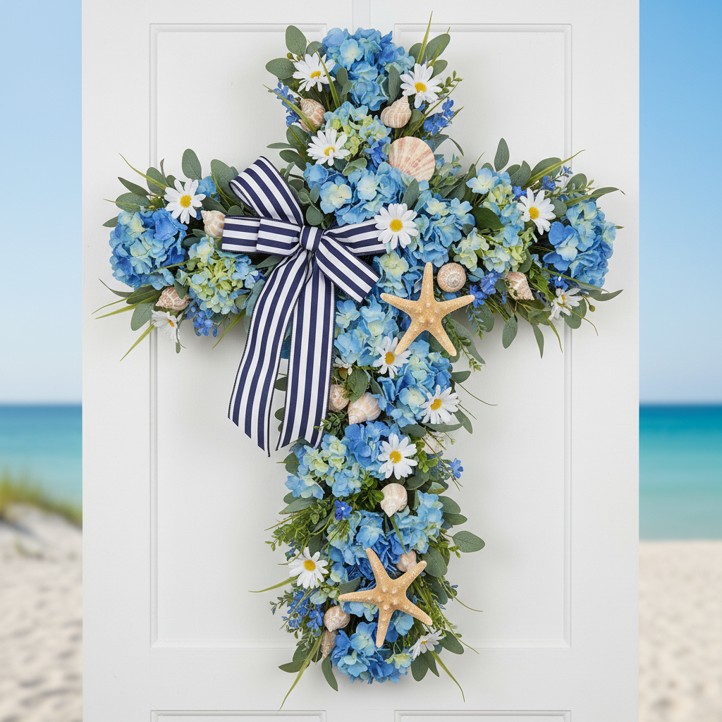 Coastal blue hydrangeas and white daisies cross wreath with seashells and starfish