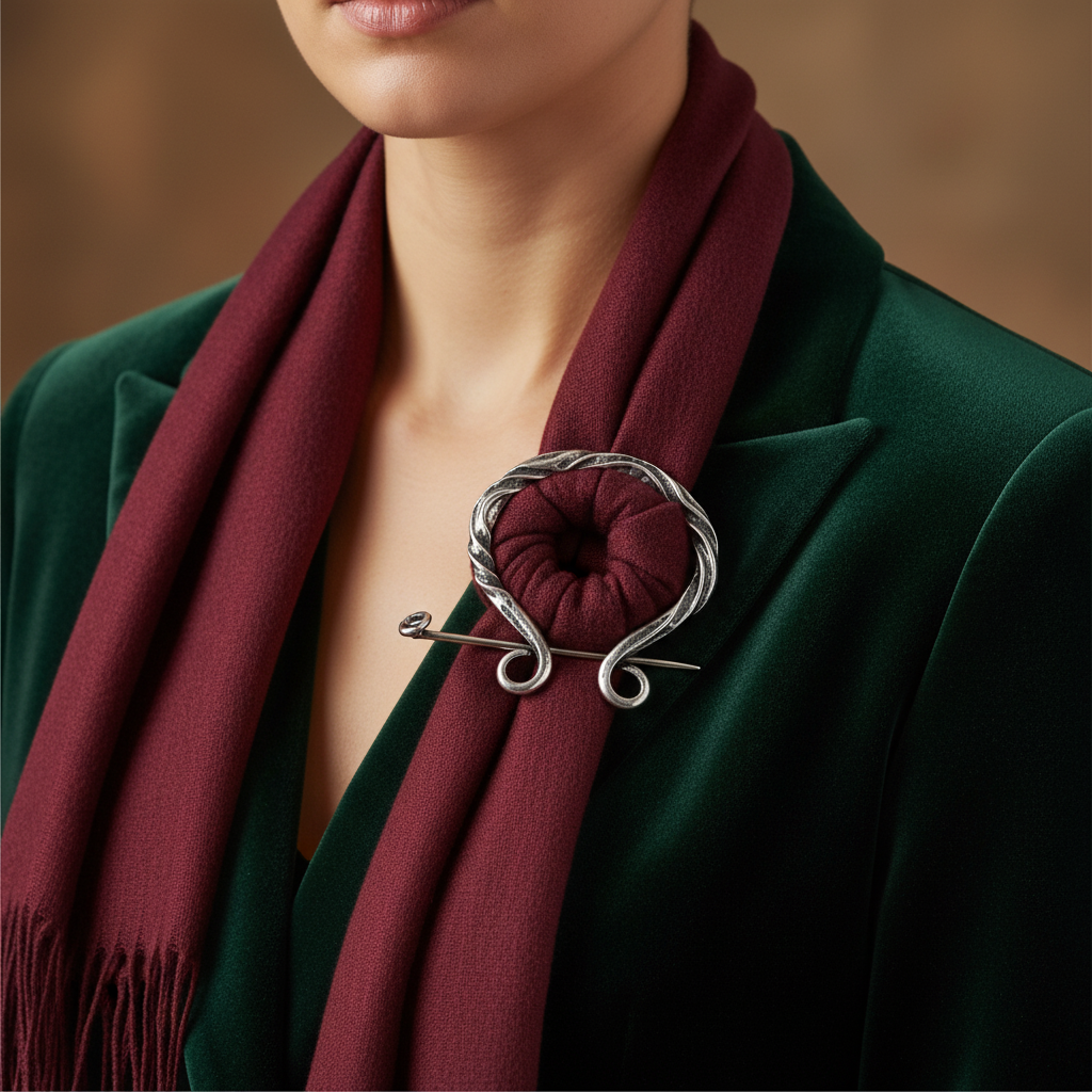 Silver vine brooch pin securing burgundy scarf on forest green velvet blazer