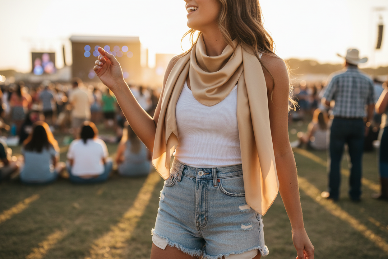 Champagne wild rag at country concert with white tank and denim