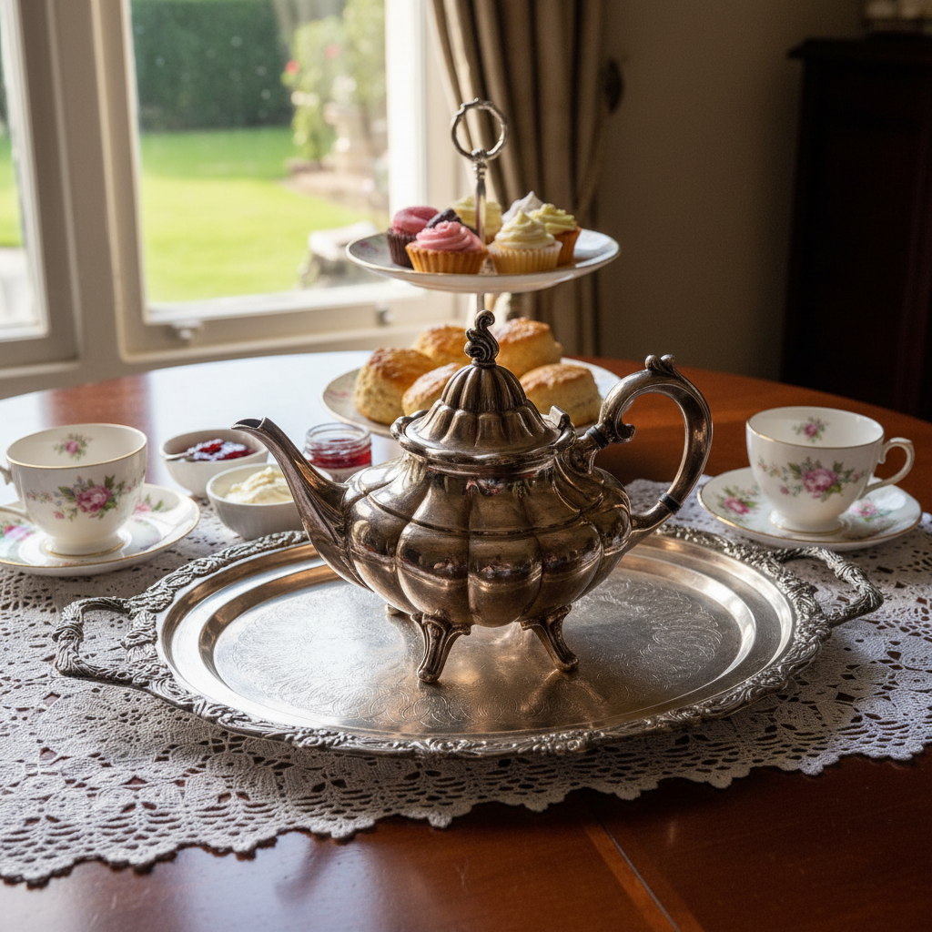 Afternoon tea service with vintage silver plated teapot, delicate teacups, pastries and scones on serving tray