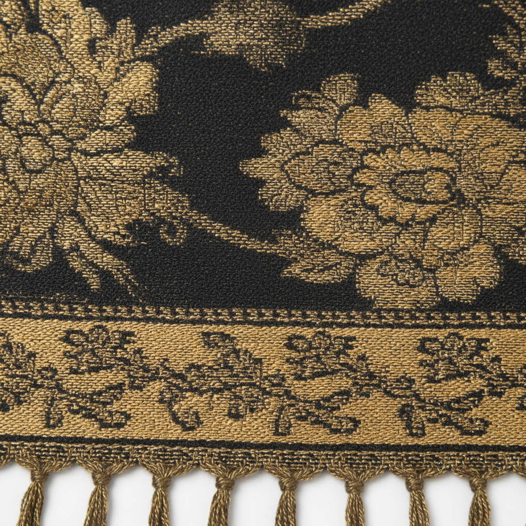 Close-up of black gold paisley jacquard woven fabric texture with gold fringe tassels detail