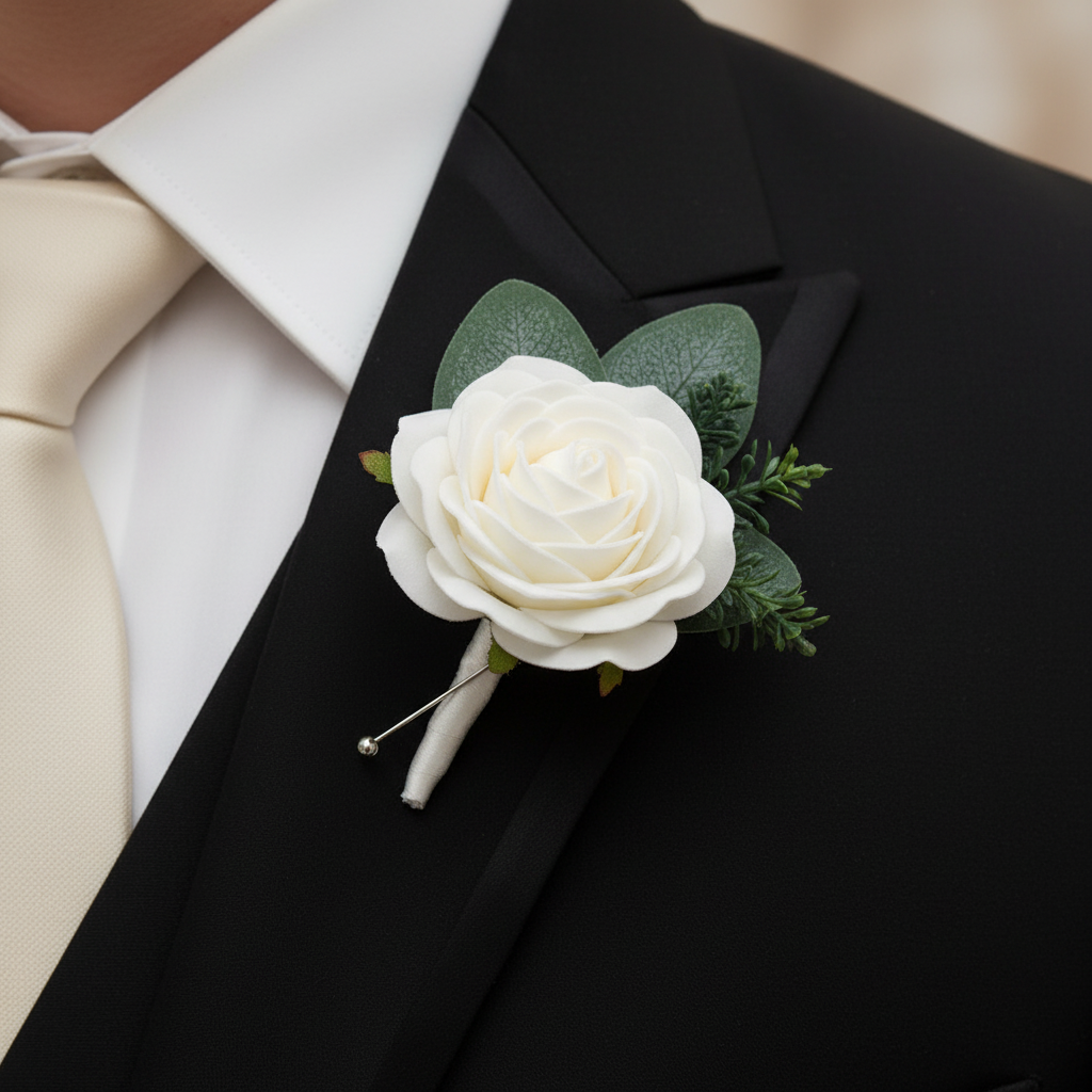 Groom's boutonniere featuring a single white artificial foam rose with eucalyptus sprig pinned on a classic black tuxedo lapel