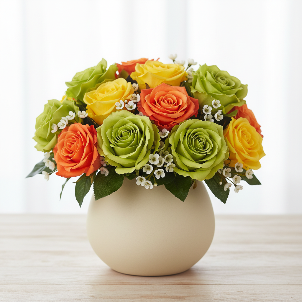 Mixed floral arrangement in a matte cream ceramic vase featuring lime green faux roses as the dominant flower with orange and yellow roses and waxflower sprigs