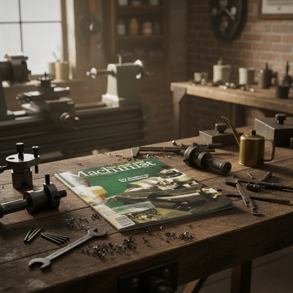 The Home Shop Machinist magazine displayed with vintage lathe tools and machinist equipment on weathered wood surface with moody workshop lighting