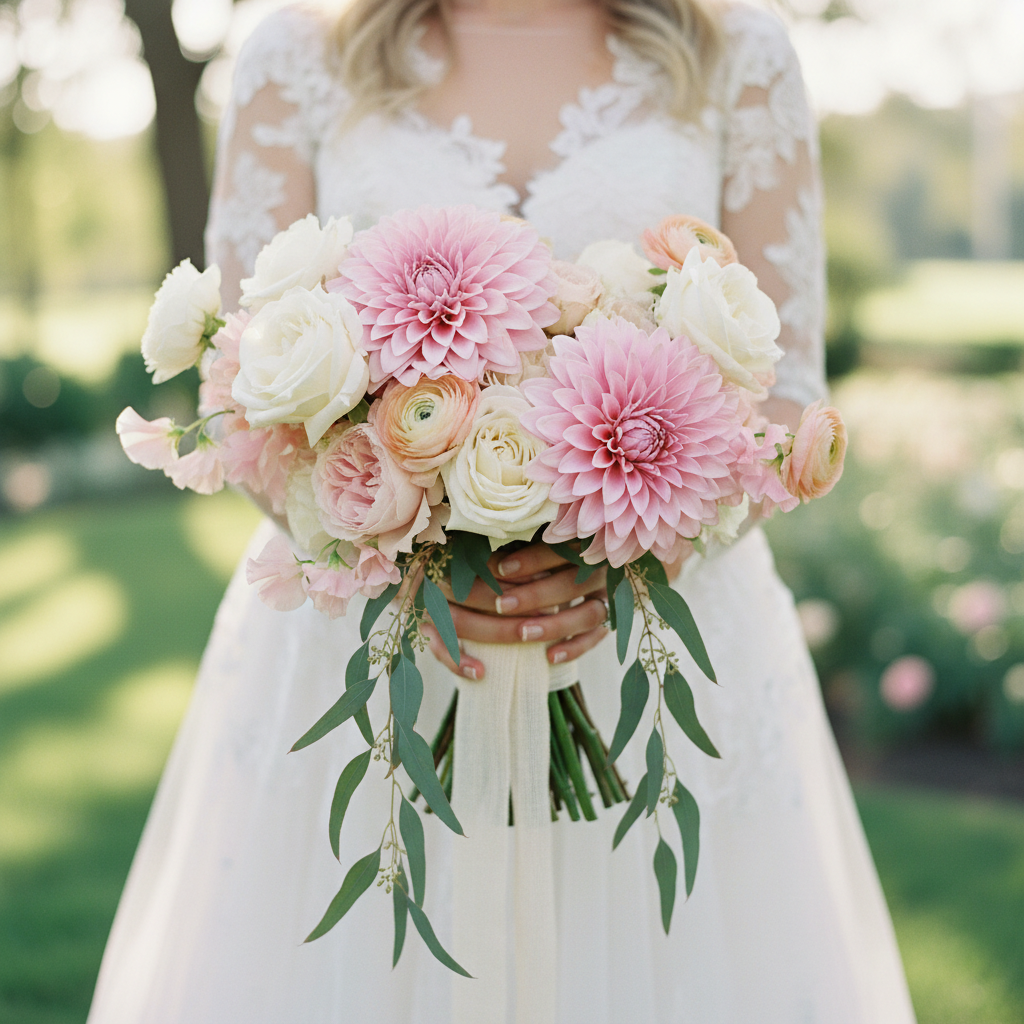 Bridal bouquet featuring soft pink dahlia blooms with white garden roses, blush peonies, peach ranunculus and trailing eucalyptus