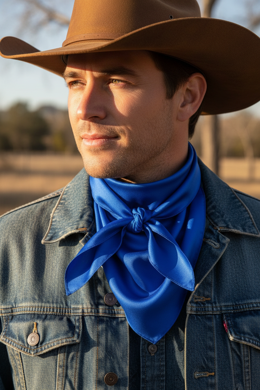 Royal blue wild rag tied as cowboy neck scarf with denim jacket and leather hat