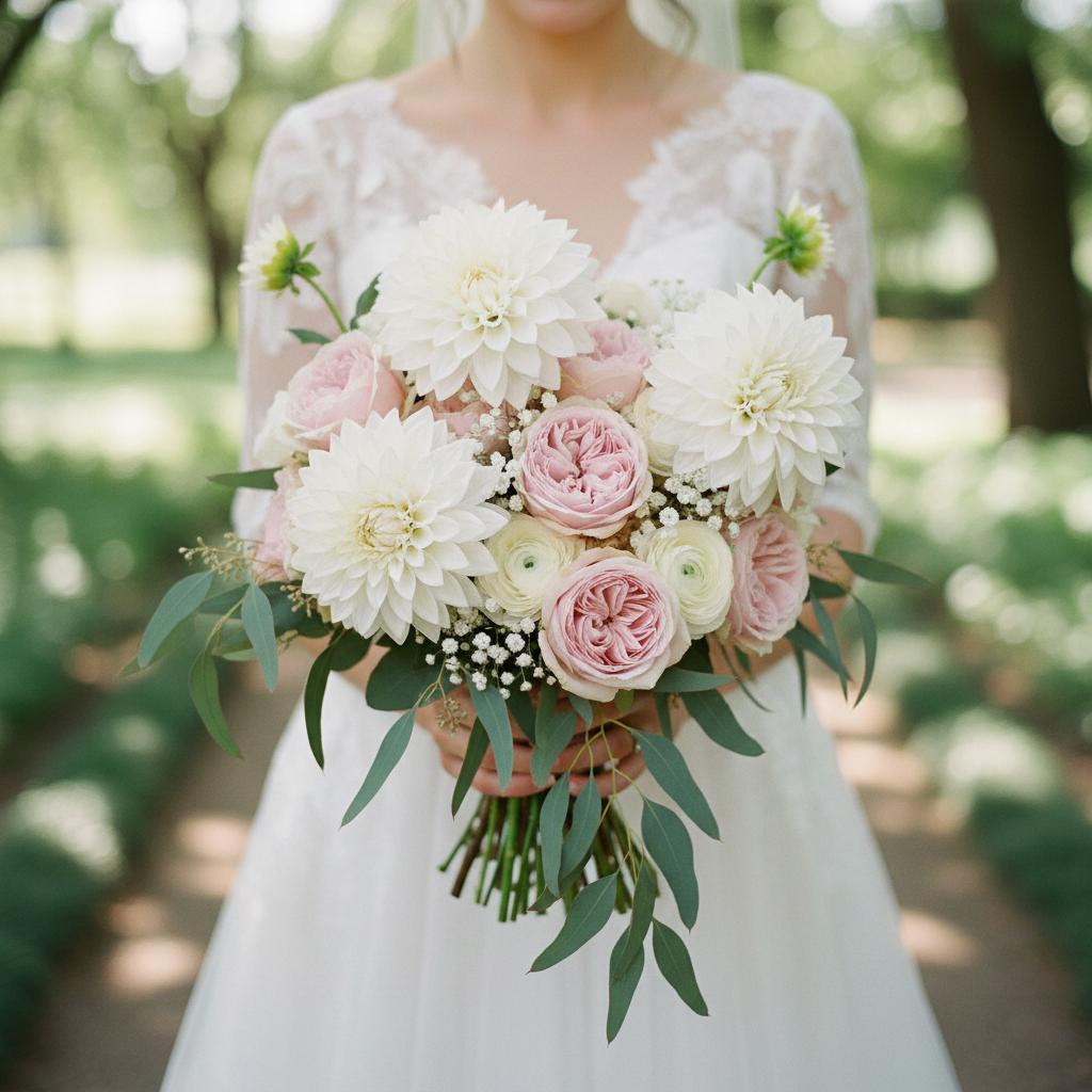 Bridal bouquet featuring white dahlia blooms with blush garden roses, soft pink peonies and trailing eucalyptus