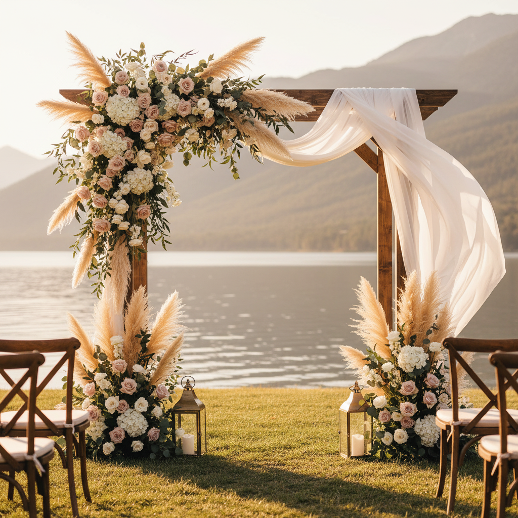 Cream beige faux pampas grass stems featured in lush boho outdoor wedding arch with blush roses, white hydrangeas, eucalyptus and flowing white fabric at golden hour