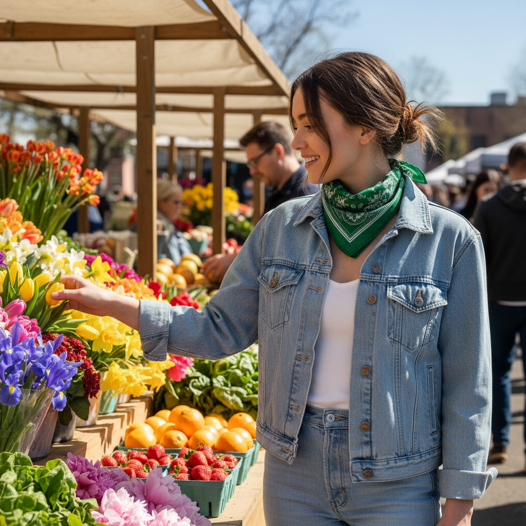 Woman wearing green paisley neck scarf at spring farmers market
