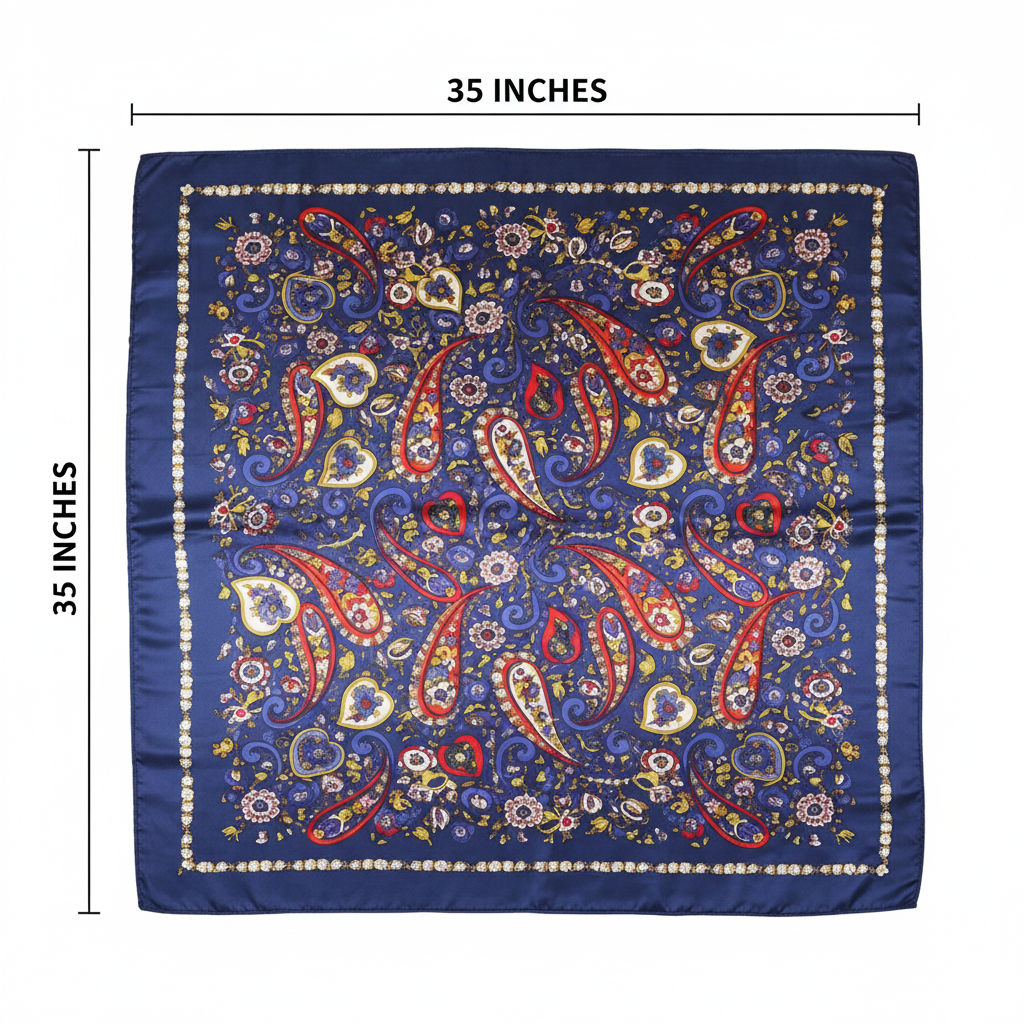 Navy paisley wild rag satin scarf flat lay measurement diagram showing 35 x 35 inch dimensions on white background