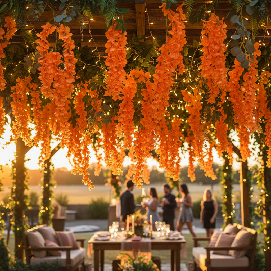 Artificial orange wisteria stem draped over a boho outdoor ceiling installation with string lights and greenery