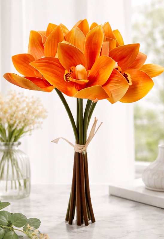 Orange Orchid Bouquet Real Touch Cymbidium Flowers 6 Stem Bundle