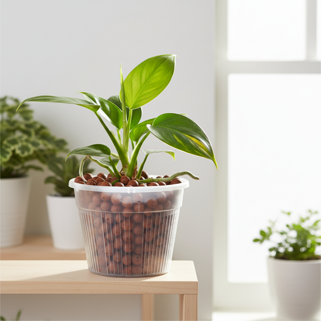 Clear 5 inch slotted orchid pot with open air slits filled with LECA clay pebbles in a semi-hydro setup