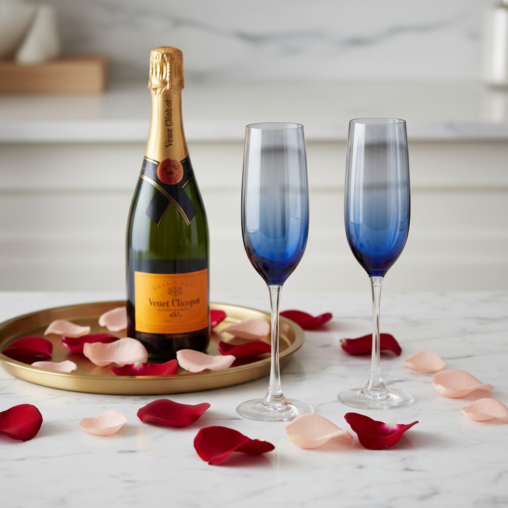 Vintage Libbey Vina blue ombre champagne flutes on a marble countertop with champagne bottle and rose petals