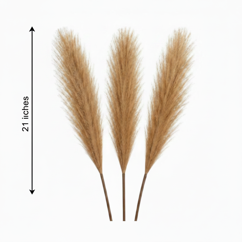 Caramel tan faux pampas grass 3 stem set measurement diagram showing 21 inches tall on white background