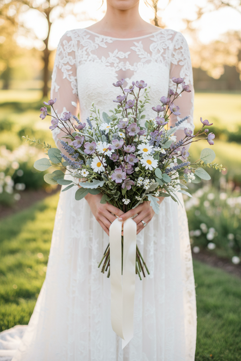 Bridal bouquet featuring artificial dusty lavender purple dogwood stems mixed with faux lavender, white daisies, and eucalyptus in a loose wildflower style, ivory ribbon-wrapped stems, outdoor garden wedding
