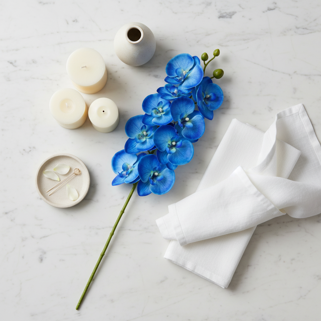 Flat lay editorial of vivid blue artificial orchid stem on white marble with cream candles and linen, luxury home decor styling