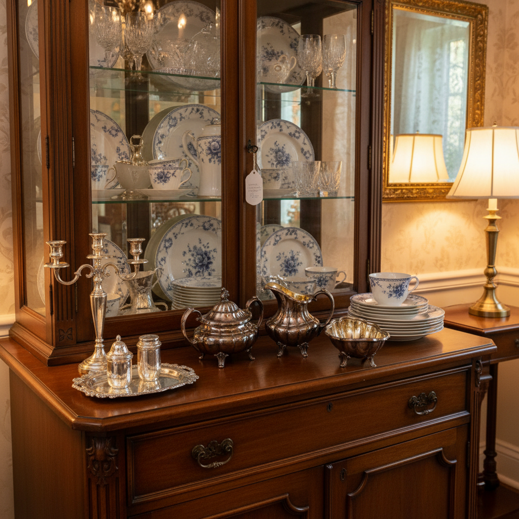 Vintage Reed & Barton silver plated set displayed on elegant wooden sideboard with traditional dining room decor