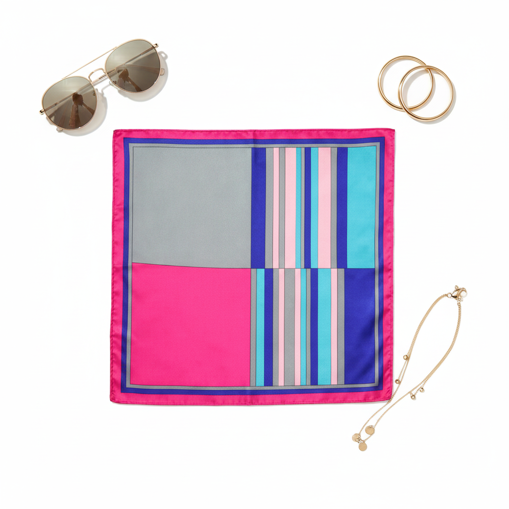 Flat lay of 20x20 inch square pink stripe satin scarf with fashion accessories on white background