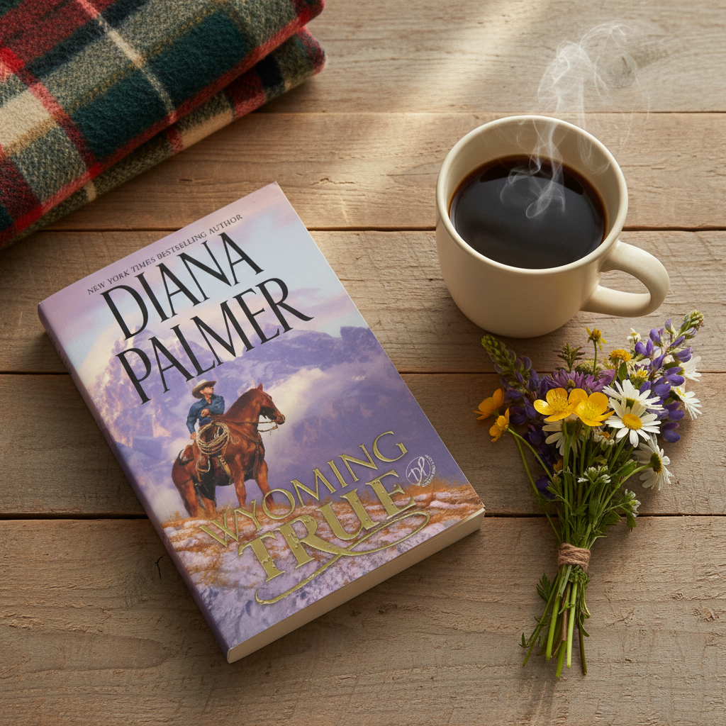 Wyoming True by Diana Palmer romance novel styled in a cozy rustic western reading nook with coffee and wildflowers
