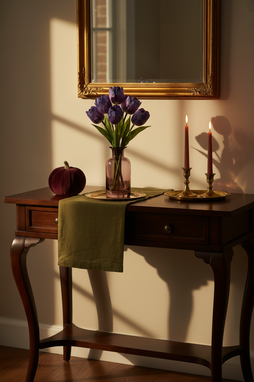Purple Real Touch artificial tulip bouquet with 6 stems in a smoked plum glass vase on a dark walnut entry console, styled with burgundy velvet pumpkin, amber taper candle holders, brass tray, and olive linen runner for moody fall home décor