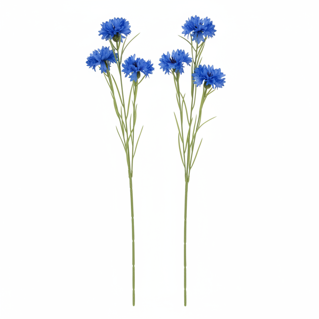 Two artificial blue cornflower stems on pure white background, marketplace product photography
