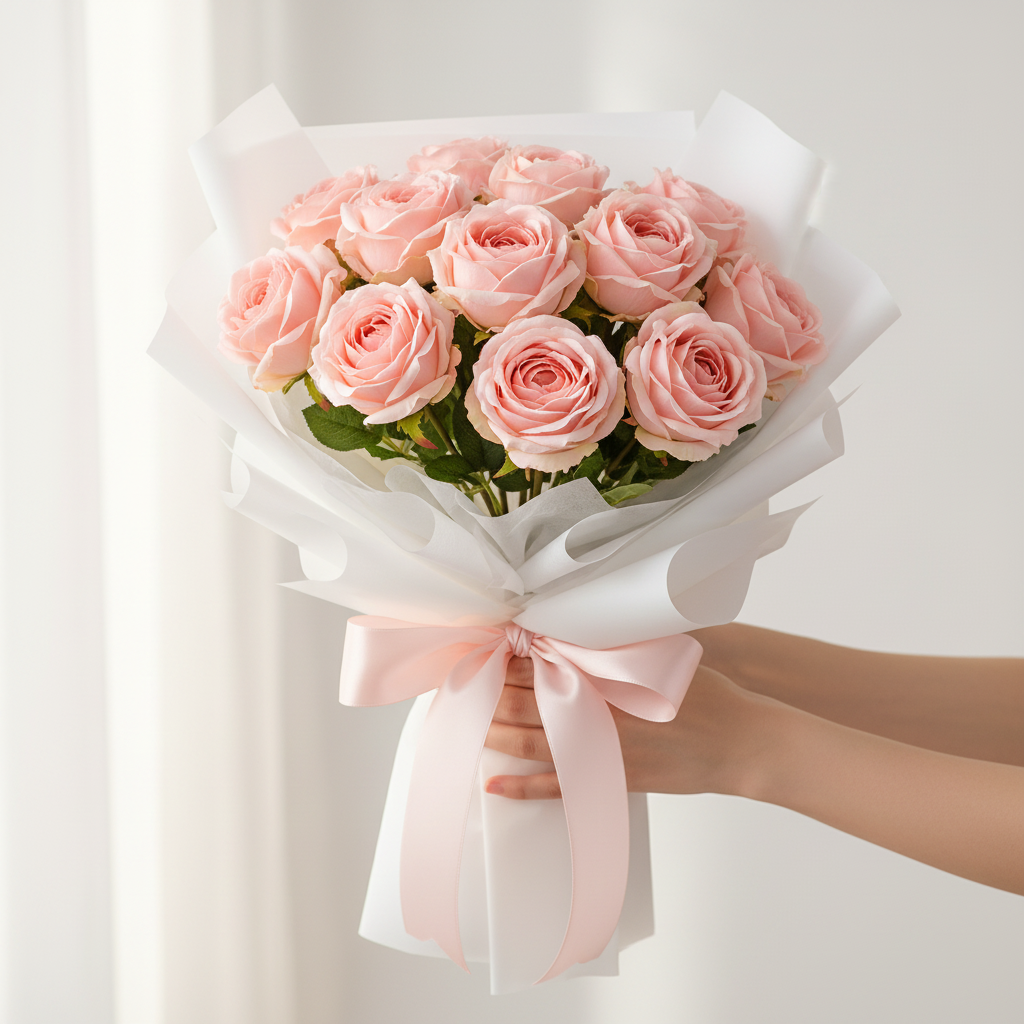 Dozen blush pink artificial silk roses arranged as a wrapped Mother's Day gift bouquet with white tissue paper and satin ribbon bow