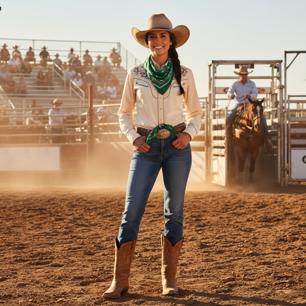 Woman wearing green paisley wild rag at summer rodeo event western style