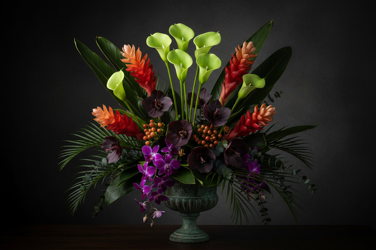 Elegant Halloween tropical floral centerpiece with 5 lime green artificial calla lily stems, dark hellebores, orange torch ginger, and violet Singapore orchids in a verdigris bronze pedestal compote with dark banana leaves