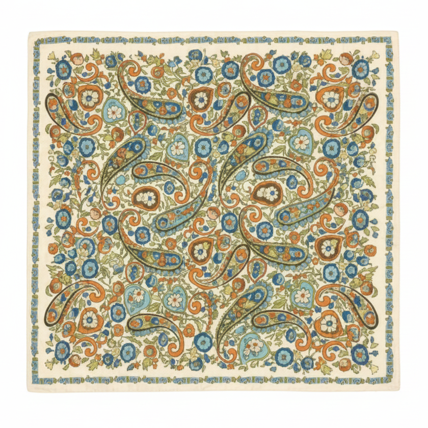 Paisley floral satin scarf 20x20 inch laid flat on white background showing full square shape with cream ivory background and intricate green teal blue and rust orange paisley floral motifs