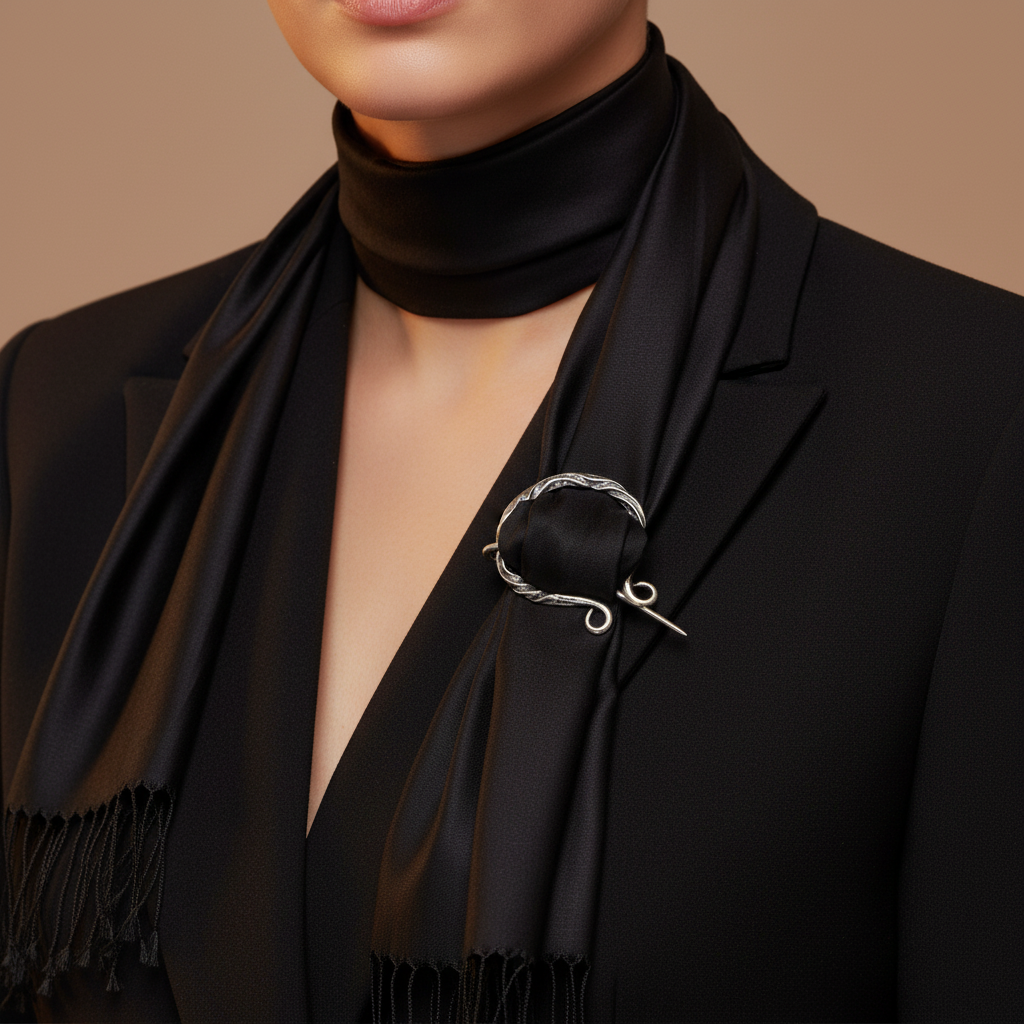 Silver vine brooch pin fastening black silk scarf on black evening blazer